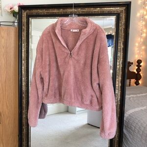 So Half Zip Pullover Cropped Sweater Pink Sherpa Teddy